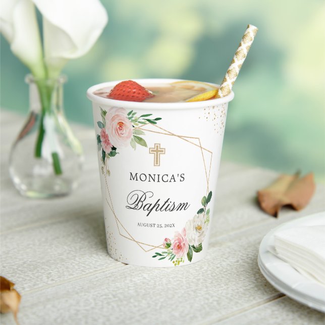 Gobelets En Papier Baptême géométrique rose floral (Insitu)