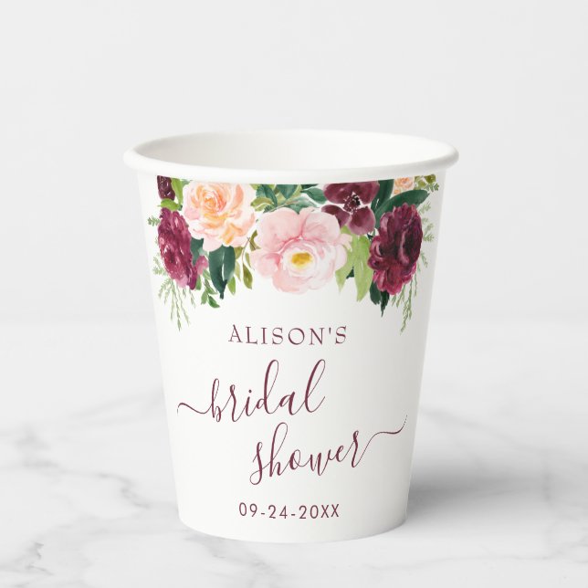 Gobelets En Papier Baptême Mariage Floral Bourguogne Et Rose (Recto)