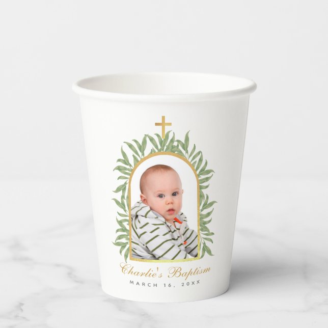 Gobelets En Papier Baptême Photo Verdure Faux Gold Foil Arch Script (Verso)