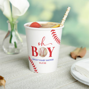 Gobelets En Papier Baseball Oh Garçon Baby shower blanc Brown