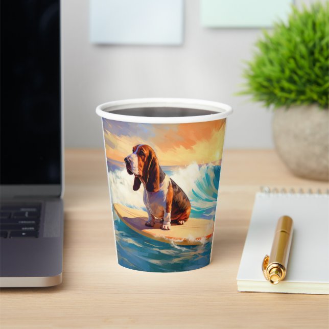 Gobelets En Papier Basset Hound Beach Surf Peinture (Insitu)