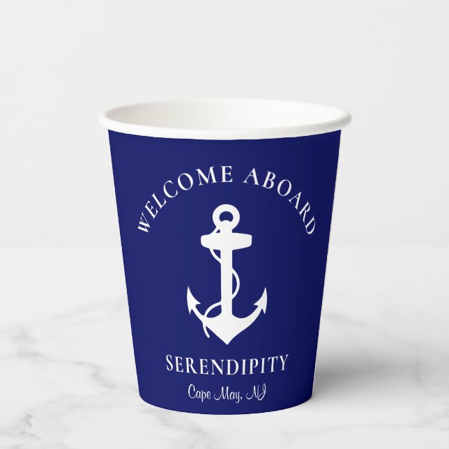 Gobelets En Papier Bateau Ancre Marine Bleu Personnalisé (Verso)