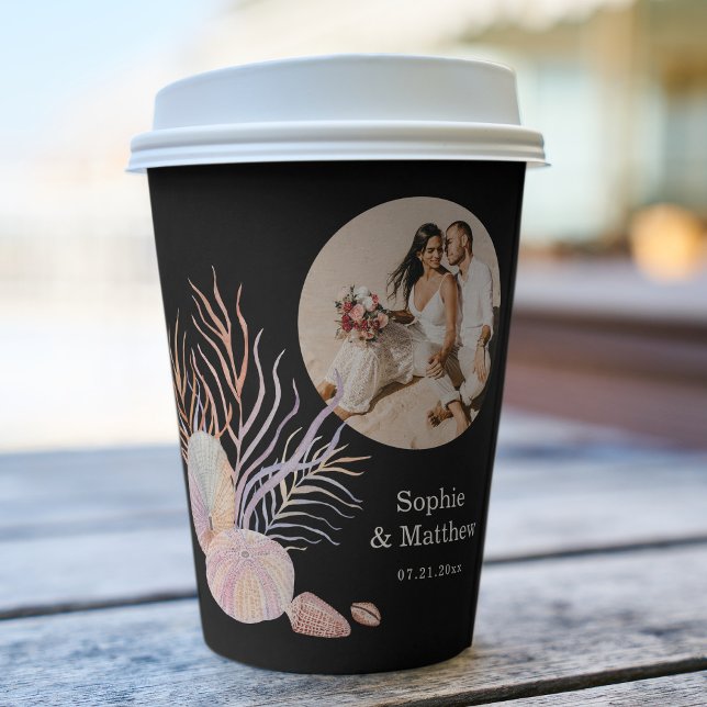 Gobelets En Papier Beach Seashells Aquarelle Photo Mariage Papier Cu (Créateur téléchargé)