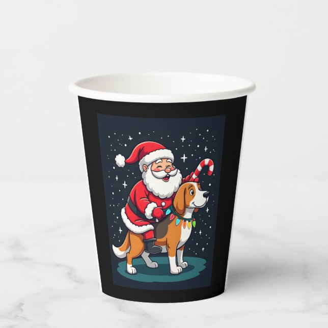 Gobelets En Papier Beagle Xmas Éclairage Père Noël équitation Beagle  (Recto)