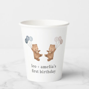 Gobelets En Papier Bear Boy Girl Twins - Joint 1er Anniversaire
