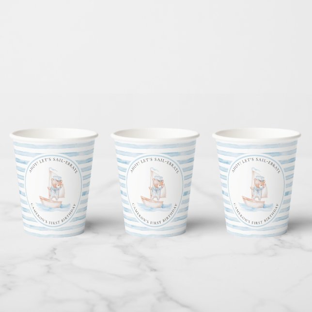 Gobelets En Papier Bear marin Bear Bleu Bleu Bande Anniversaire (Multi)