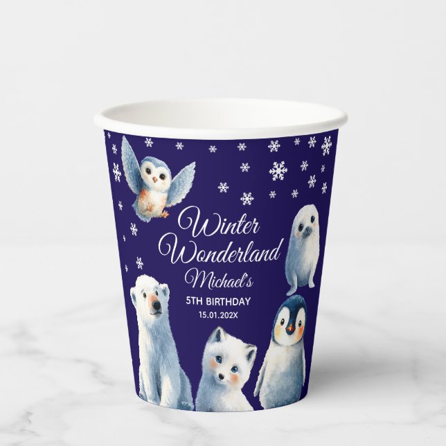 Gobelets En Papier Beaux animaux arctiques Blue Winter Kids Birthday (Recto)