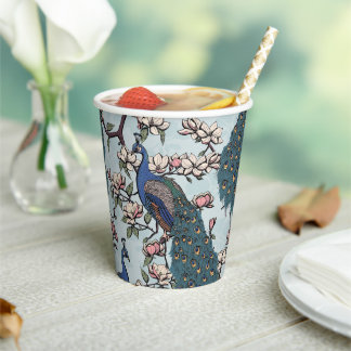 Gobelets En Papier Beaux Paons Bleus & Fleurs de Magnolia Bleus