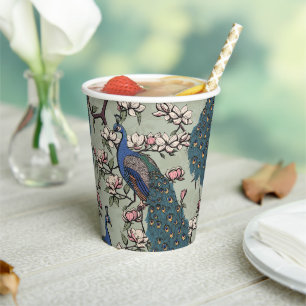 Gobelets En Papier Beaux Paons Bleus & Fleurs de Magnolia Verts
