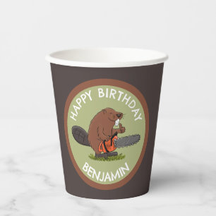 Gobelets En Papier Beaver avec tronçonneuse drôle d'anniversaire pers