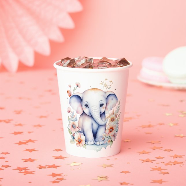 Gobelets En Papier Bébé mignon Baby shower de fille d'éléphant (Insitu)