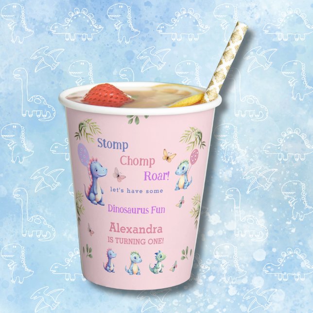 Gobelets En Papier Bébé rose mignonne fille Dinosaur 1er anniversaire (Créateur téléchargé)