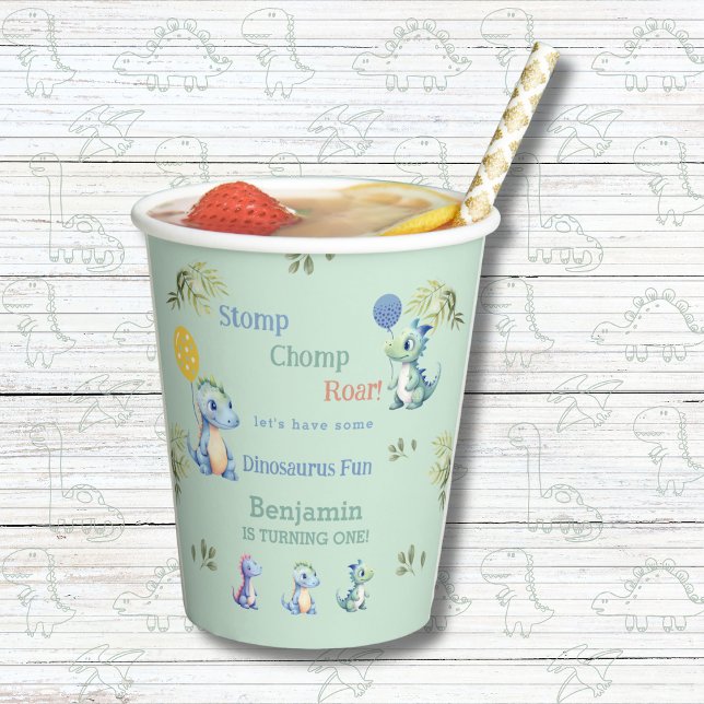 Gobelets En Papier Bébé vert mignonne Dinosaur 1er anniversaire fête (Créateur téléchargé)