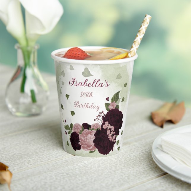 Gobelets En Papier belles fleurs bordeaux rose verdure (Insitu)