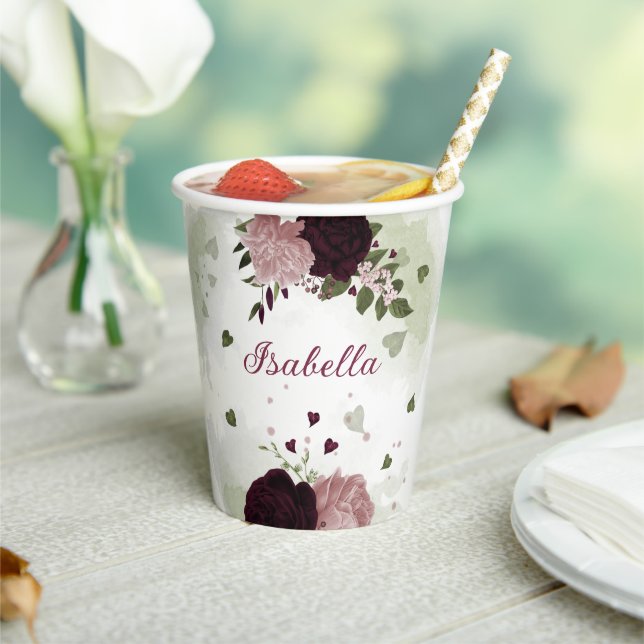 Gobelets En Papier belles fleurs bordeaux rose verdure (Insitu)
