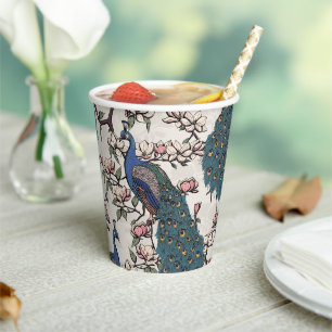Gobelets En Papier Belles Peacocks Bleus & Fleurs Magnolia Ivoire