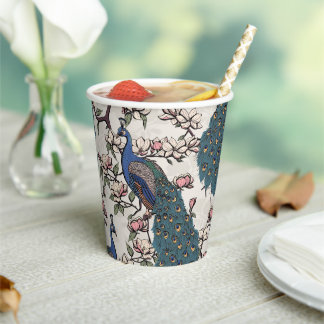 Gobelets En Papier Belles Peacocks Bleus & Fleurs Magnolia Ivoire