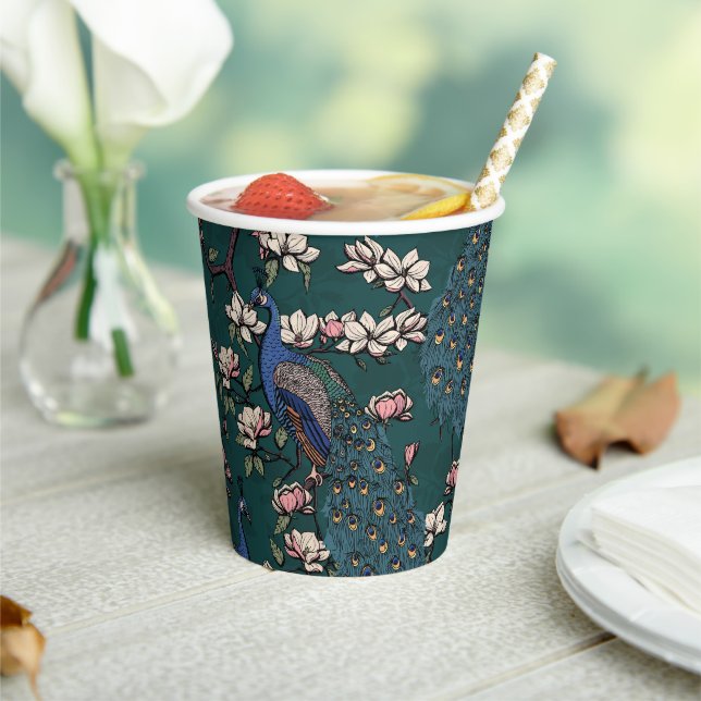 Gobelets En Papier Belles Peacocks Bleus & Fleurs Magnolia Turquoise (Insitu)