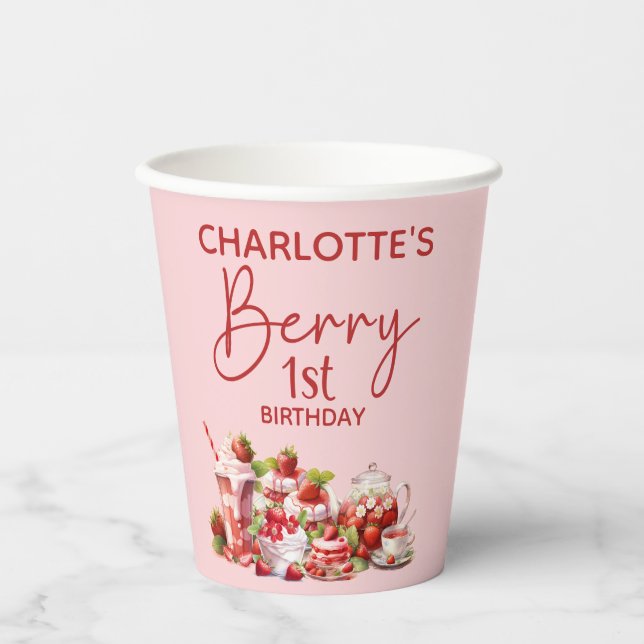 Gobelets En Papier Berry 1er Anniversaire Pink Red Strawberry Nom (Recto)