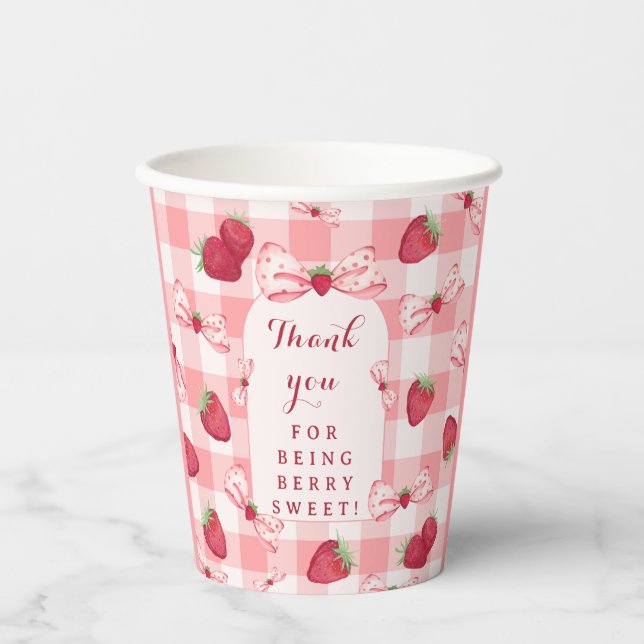 Gobelets En Papier Berry First Birthday Red Gingham Strawberry Bows (Recto)