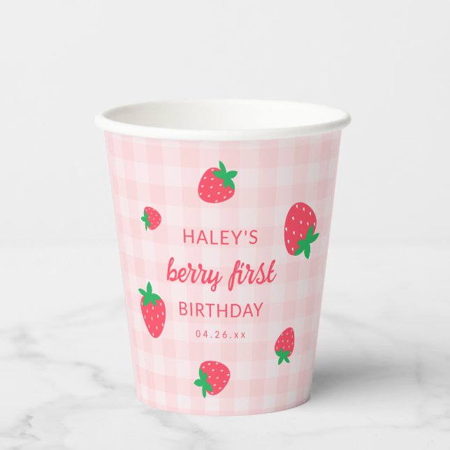 Gobelets En Papier Berry fraise 1ère mignonne Bébé rose Anniversaire (Recto)