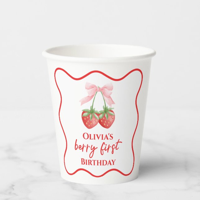 Gobelets En Papier Berry premier anniversaire de fraise Bow rose (Recto)