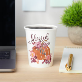 Gobelets En Papier Bienheureux - Citrouille d'automne avec fleurs ros