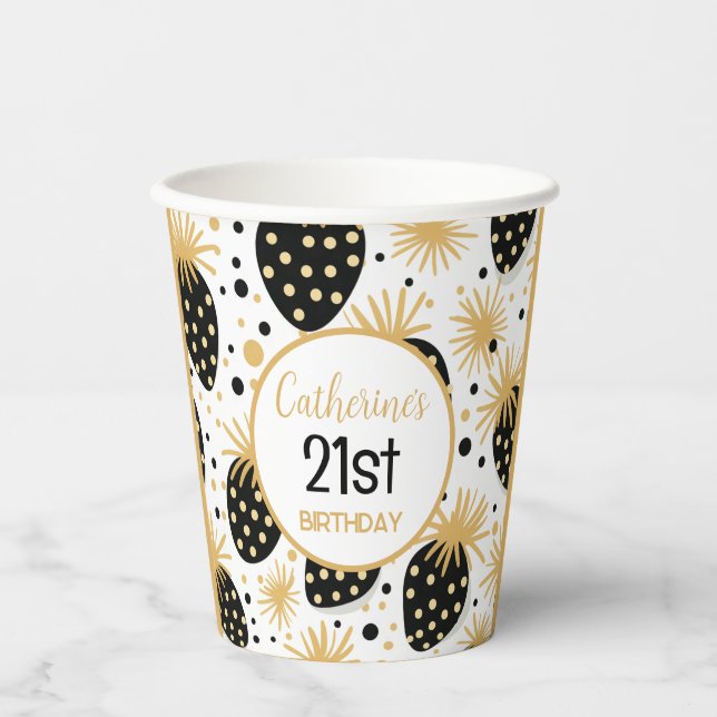 Gobelets En Papier Black and Gold Strawberry, 21st Birthday Party (Recto)