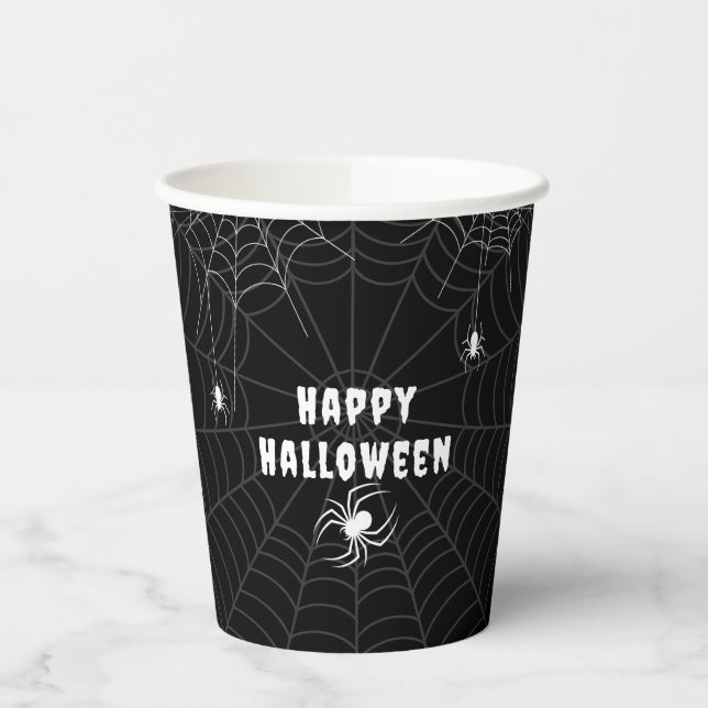 Gobelets En Papier Black and White Spider Web Happy Halloween (Gauche)