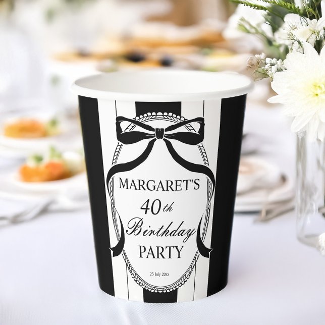 Gobelets En Papier Black white retro stripes bow birthday monogrammed (Black and white retro stripes bow vintage border birthday party monogrammed paper cups)
