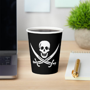 Gobelets En Papier Blanc, Drapeau Pirate Calico Jack, Crâne & Cutlass