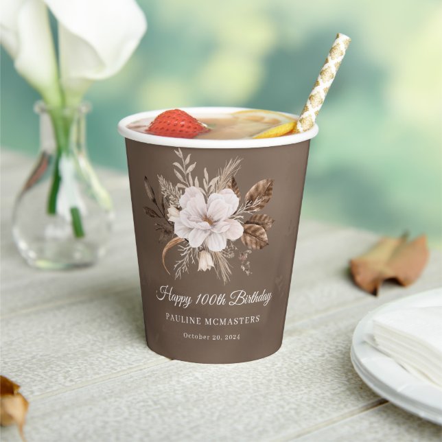 Gobelets En Papier Blanc Floral Neutre Automne 100e anniversaire (Insitu)
