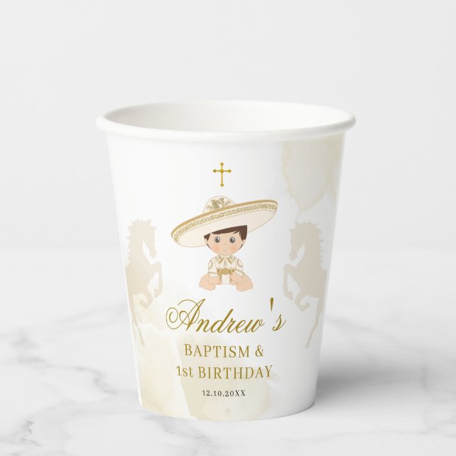 Gobelets En Papier Blanc Gold Mexicain Boy Baptême & premier annivers (Recto)