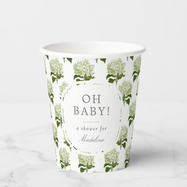 Gobelets En Papier Blanc Lumière Vert Hydrangea Motif Oh Baby shower (Recto)