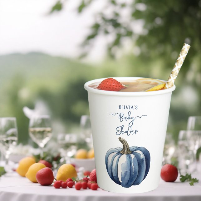 Gobelets En Papier Bleu Citrouille Aquarelle Boho Baby Boy Douche (Créateur téléchargé)