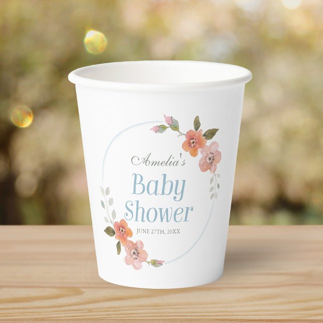 Gobelets En Papier Bleu floral délicat Baby shower tasses en papier (Créateur téléchargé)