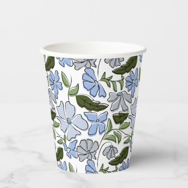 Gobelets En Papier Bleu main tiré bloc floral Imprimer (Recto)