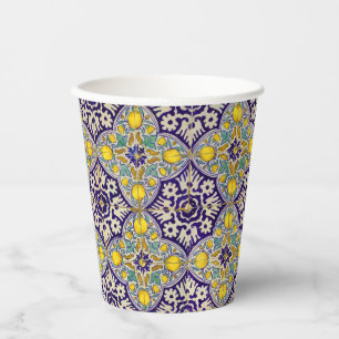 Gobelets En Papier Bleu Méditerranée Motif Fleurs Jaunes