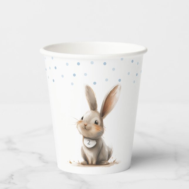 Gobelets En Papier Bleu mignon Joyeux Lapin Anniversaire (Recto)