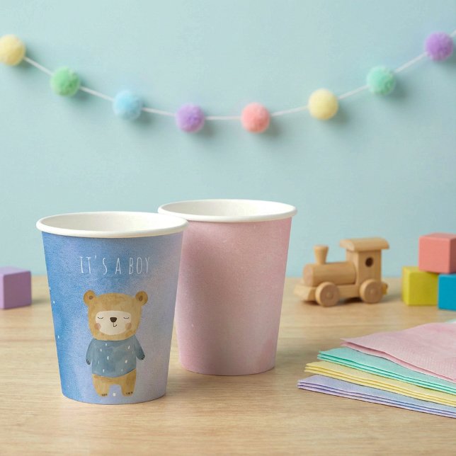 Gobelets En Papier Bleu pastel ours mignon c'est un garçon (Blue pastel cute bear it's a boy paper cups.)