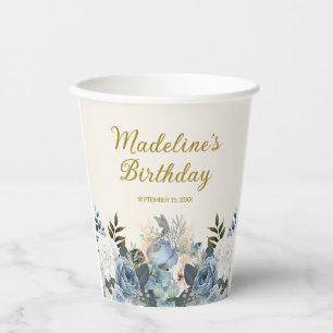 Gobelets En Papier Bleu Poussiéreux Fleurs Blanches Anniversaire Nom