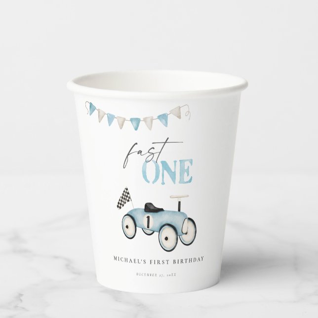 Gobelets En Papier Bleu Retro Voiture Anniversaire Coupes en papier (Recto)