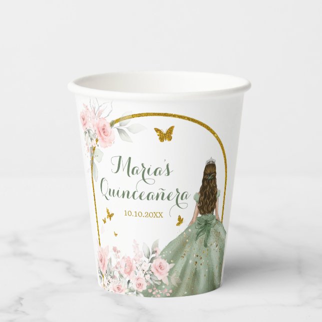 Gobelets En Papier Bleu rose or princesse papillon Quinceañera (Recto)