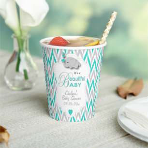 Gobelets En Papier bleu turquoise, blanc, gris Baby shower éléphant