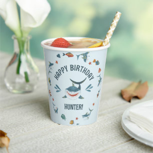 Gobelets En Papier Blue Cute Funny Shark fête d'anniversaire