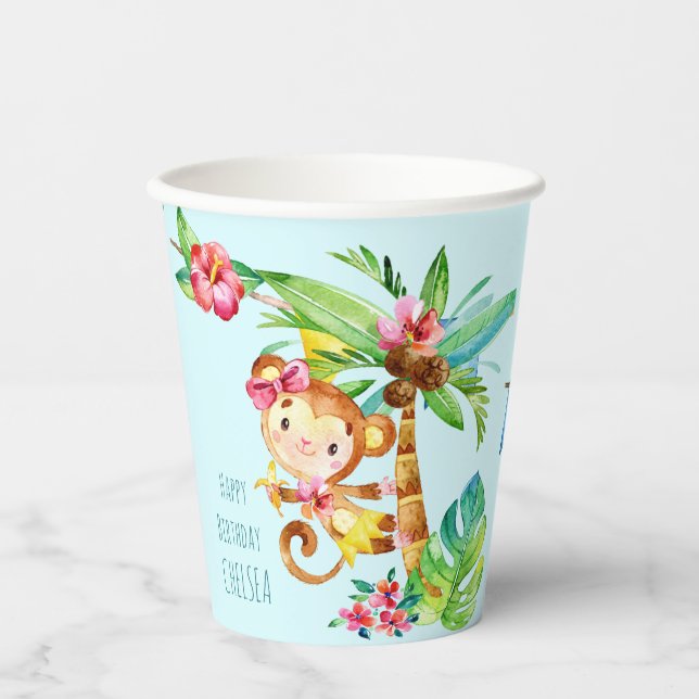 Gobelets En Papier Blue Cute Monkey Personnalisé Joyeux anniversaire (Recto)