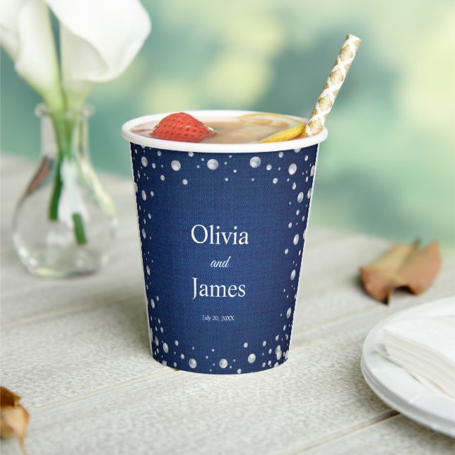 Gobelets En Papier Blue Denim Diamonds Pearls Mariage Douche Couple (Insitu)