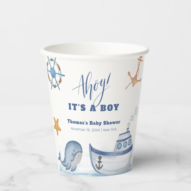 Gobelets En Papier Blue Modern Ahoy Boy Whale Baby shower (Recto)