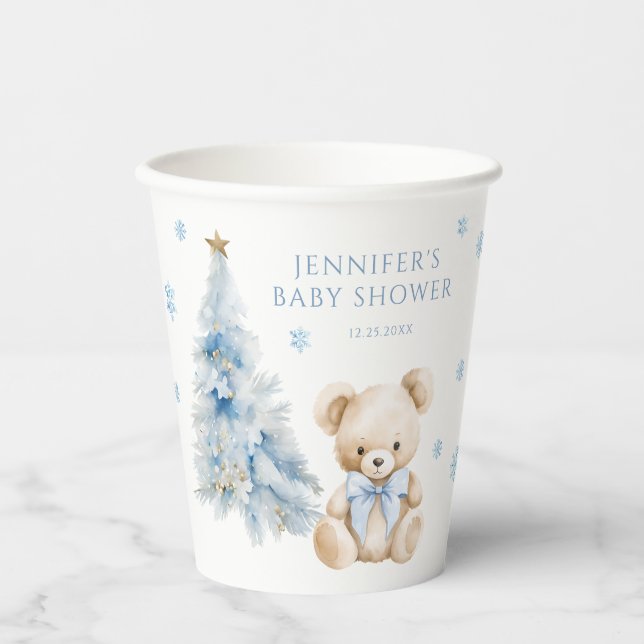 Gobelets En Papier Blue Winter Teddy Bear Pine Tree Baby Girl Shower (Recto)