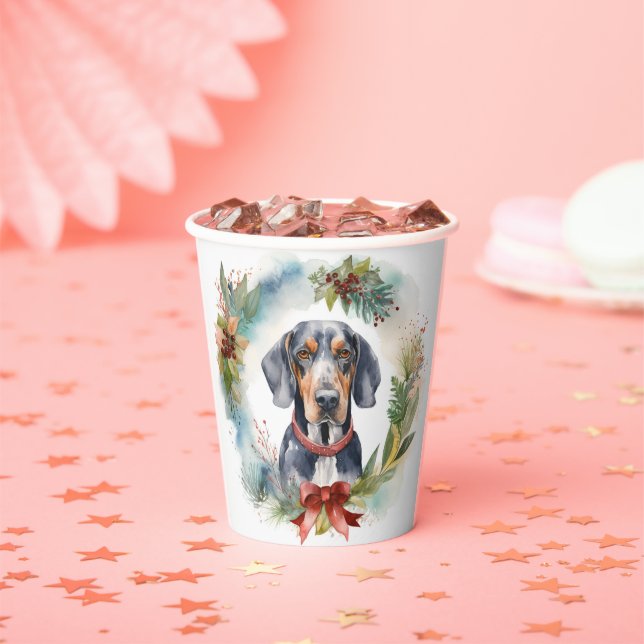 Gobelets En Papier Bluetick Coonhound Christmas Wreath Festive Pup (Insitu)